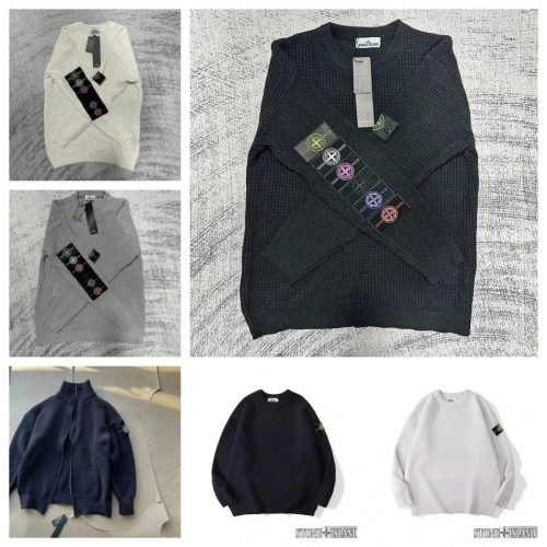 Stone Island Ribbed Knit Sweater Casual Pullover Black White and Gray