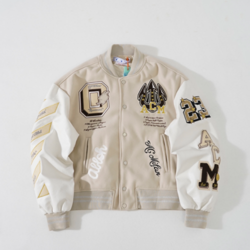 Off-White AC Milan Varsity Jacket Embroidered Streetwear Jacket Beige and White
