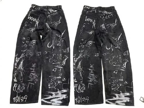 Design Graffiti Print Wide Leg Jeans Black