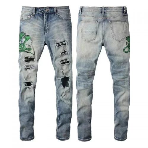 Amiri Distressed Snake Embroidered Jeans Ripped Denim Pants Light Blue