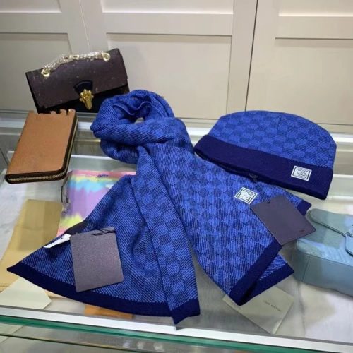 Louis Vuitton LV Damier Knit Winter Scarf and Beanie Set Blue
