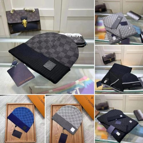 Louis Vuitton LV Damier Beanie and Scarf Set Knit Accessories Gray