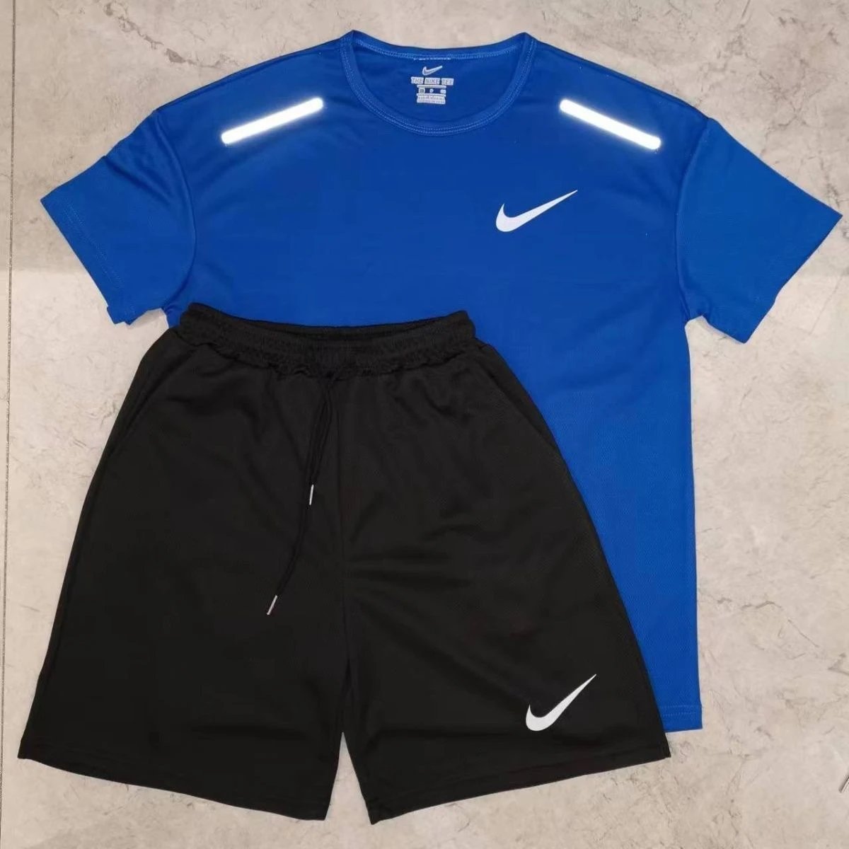反光打勾速干短袖套装深蓝色